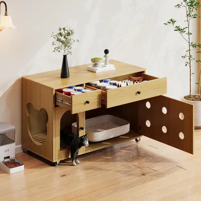 Image de okwish Armoire à litière multifonction, habitat mobile pour animaux avec roulettes, maison pour petits animaux avec bac à sable amovible et isolation des odeurs, couleur érable jaune