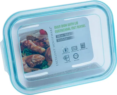 A glass oven dish with a blue lid, showing a picture of food inside and product information on the lid.
