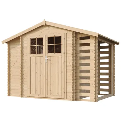 A wooden garden shed with a wood storage area on the side, shown against a white background.
