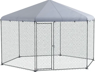 A hexagonal outdoor enclosure with a gray fabric roof and wire mesh walls, featuring a door.