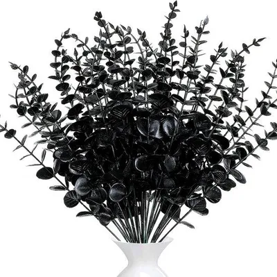 Productafbeelding van Unyqoos® Kunststof eucalyptus takken, 20 stuks, zilverdollar bladeren, zwart, kunststof, ongeveer 38 cm, met flexibele ijzerdraad in de steel
