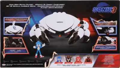 The image shows the packaging for a Sonic the Hedgehog Movie 3 toy set, featuring a large crab mech and several character figures.