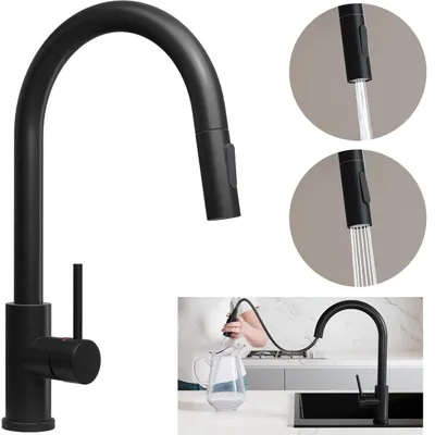 A collage of images showing a black kitchen faucet, close-ups of its spray functions, and a person using it to fill a pitcher.
