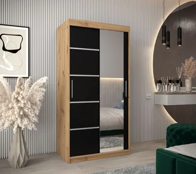 Produktbild von Spiegel-Kleiderschrank ADELA – 100 cm, Eiche artisan / schwarz