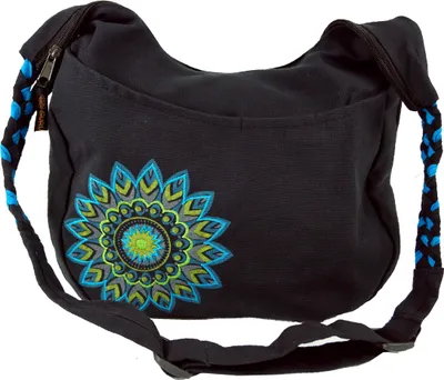 Produktbild von Ethno Boho Schultertasche, Goa Tasche Mandala - Schwarz/türkis, Uni - Erwachsene, Baumwolle, 26*35*15 cm, Alternative Umhängetasche, Handtasche aus Stoff