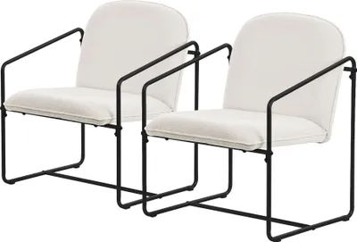 Two beige armchairs with black metal frames are shown against a white background.