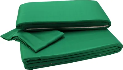 Two folded green fabric items, likely cushions or covers for a bench and table set, are stacked on a white background.