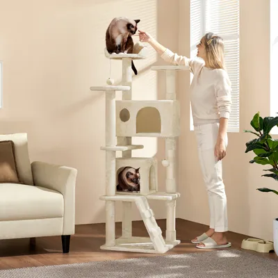 Produktbild von Yaheetech Kratzbaum Katzenbaum Stabiler Katzenkratzbaum Katzenmöbel, Kletterbaum für Katzen Höhe 158 cm, Beige