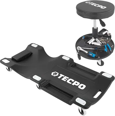 Produktbild von Werkstatt Rollbrett Werkstattliege + Arbeitssitz Rollhocker Drehhocker mit Ablage
