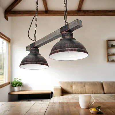 Produktbild von Hängelampe Vintage "Hakon" Metall Kupfer Antik Holz E27 2-flammig Pendelleuchte Wohnzimmer Esstisch