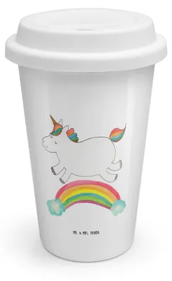 Produktbild von Mr. & Mrs. Panda Coffee To Go Becher Einhorn Regenbogen - Weiß - Geschenk, Einhornautobahn, Thermobecher, ToGo Kaffeebecher, Unicorn, Erwachsenwerden, Glitzer