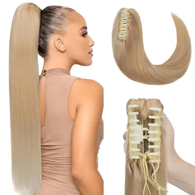 Produktbild von Haarteil Ponytail 45cm Echthaar mit Klammer Pferdeschwanz Zopf Remy Glatt Naturblond