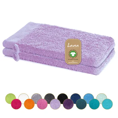 Produktbild von Lavea® 2er Set Waschhandschuh 16x22 cm, 100% Baumwolle, Waschlappen, saugstark, waschbar, strapazierfähig, Frottierserie Bali - Flieder