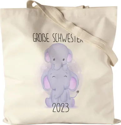 Produktbild von Große Schwester 2023 Stoffbeutel Jutebeutel Canvas Geschwisterliebe Sister Elefant Geborgenheit Beschützer Welt Liebe Familie