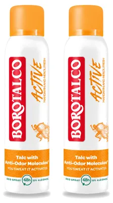 Imagen del producto de 2 aerosoles desodorantes Borotalco, fragancia Active Mandarin & Neroli Fresh, 150 ml - Paquete ahorro - 2 unidades