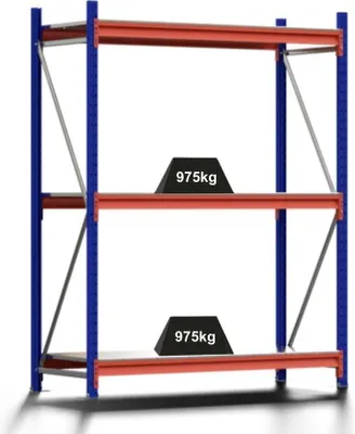 Produktbild von Weitspannregal MOOSE Stecksystem Omega-Profil | Grundregal | HxBxT 200x150x60cm | 3 Ebenen | Spanplatten-Fachboden | Fachlast 975kg | Enzianblau/Reinorange