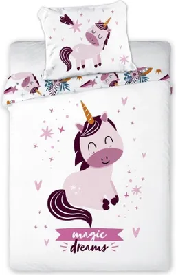 A flat lay of children's bedding with a unicorn theme.