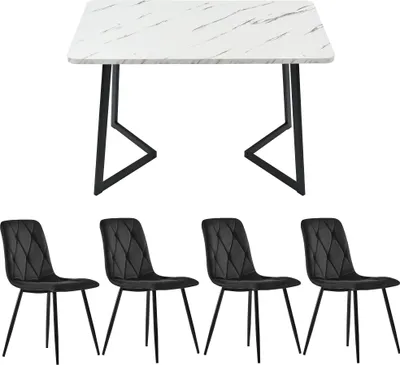 Produktbild von Flieks Sitzgruppe Essgruppe 5-tlg, Esstisch mit 4 Stühlen, Küchentischset Polsterstühle mit Samtbezug, Rechteckig Esstisch mit Schwarzen Metallbeinen, Schwarz