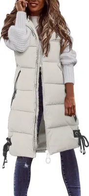 Produktbild von ASKSA Damen Daunenweste aermellose Lange Steppweste Winterjacke Mit Kapuze Mantel Daunenmantel, Beige, XL