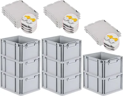 Produktbild von SuperSparSet 8x Eurobox NextGen Economy mit Scharnierdeckel und gelben Schiebeschnappverschlüssen | Griffe geschlossen | HxBxT 22x30x40cm | 20 Liter | Eurobehälter, Transportbox, Transportbehälter, Stapelbehälter