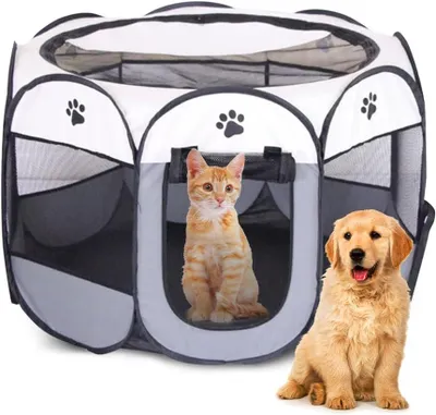 Produktbild von Faltbarer Haustierlaufstall 74x74x43cm - Tragbares Gehege für Katzen, Hunde, Kaninchen, Kleintiere - Für drinnen und draußen (Grau)