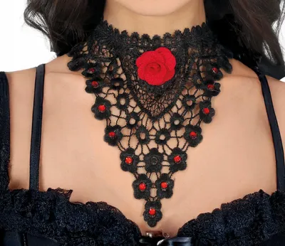 Produktbild von Choker Halskette Gothic Schwarz Rot Rose Spitze Halloween Hexe