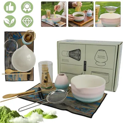 Image de Kit Matcha - Ensemble japonais pour la préparation du thé matcha - 8 pièces - Bol en céramique - Fouet en bambou - Cuillère - Tamis - Récipient pour le fouet