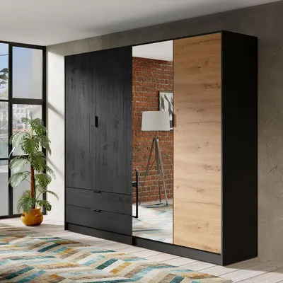 Produktbild von Schlafzimmer Kleiderschrank 220 cm breit in schwarz mit Eiche, 4 Türen & 2 Schubladen - UZZANO-166