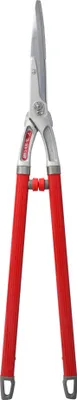 A pair of red-handled shears against a white background.