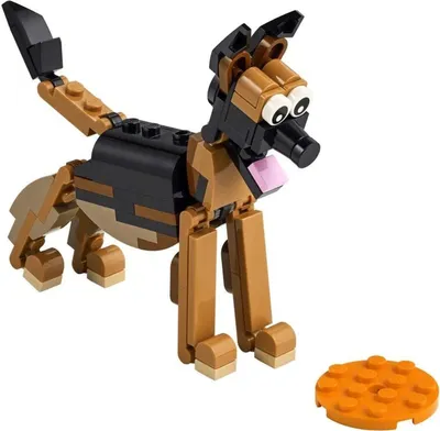 A LEGO Creator German Shepherd dog model with a small orange plate.