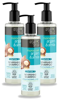 Imagen del producto de 3 champús naturales nutritivos de Organic Shop, con aceite de argán y amla, 280 ml cada uno. Paquete de 3 unidades
