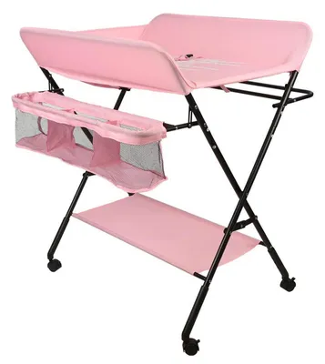 Image de Table à langer pliable et réglable en hauteur, avec surface de couchage et panier de rangement, couleur rose foncé, dimensions 80x66x98 cm