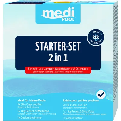 Produktbild von mediPOOL - Starter Set 2in1: Perfect 20 MultiTabs, Schwimm-Dosierer, 3 x Dosierbeutel zur Schockchlorung