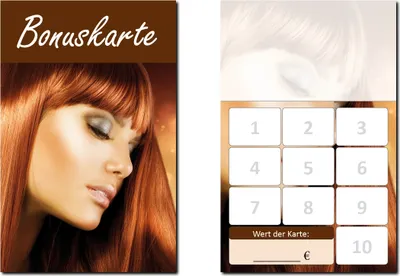 Produktbild von 250 Stück Friseur Damen Bonuskarten (BOK-412) mit 10 Stempelfeldern. Treuekarten passend für Bereiche wie Frisör, Kosmetik, Haarpflege