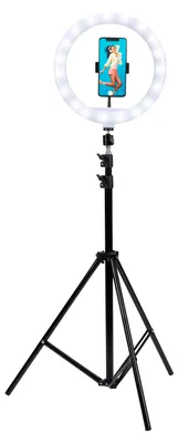 Zdjęcie produktu dla Grundig Selfie ring light - Regulowana lampa pierścieniowa ze statywem 70-195 cm - Statyw na telefon komórkowy z lampą pierścieniową - Uchwyt statywowy na telefon komórkowy 120 LED z 3 ustawieniami ciepła - Elastyczna szyjka - Możliwość ładowania przez USB