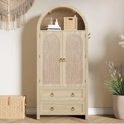 Produktbild von Merax Kleiderschrank im Korbgeflecht-Bogenstil,Sideboard mit Doppelschubladen und Rattan-Türen, Vintage Aufbewahrungsschrank mit Haken, Natur