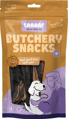 Imagen del producto de Braaaf: Snack para perros "Butchery", piel de cabeza de ternera con pelo, 150 g