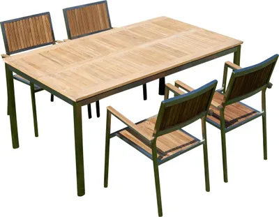 Produktbild von ALEOS. Gartengarnitur Edelstahl Teak Set Tisch 160x90 cm + 4 Teak Sessel A-Grade Teak Holz Serie KUBA Gastroqualität