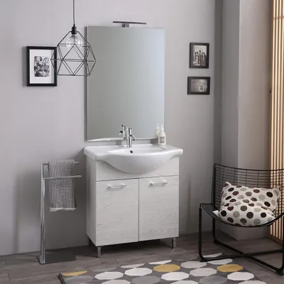 Immagine prodotto di Mobile bagno a terra 75cm quercia bianco effetto legno con specchio e lampada | Rimini