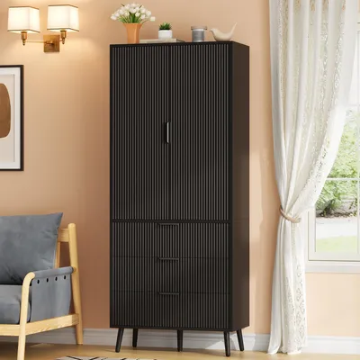 Produktbild von Flieks Küchenschrank mit 2 Türen und 3 geräumigen Schubladen, Hochschrank mit Türablagen, Highboard für Küche, Wohnzimmer und Esszimmer, Schwarz