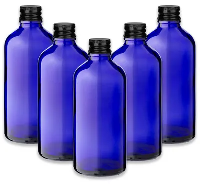Produktbild von 5x Blaue Glasflasche 100 ml mit schwarzem Aluminiumverschluss Kappe