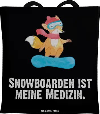 Produktbild von Mr. & Mrs. Panda Schultasche Hase Snowboarden - Schwarz - Geschenk, Tote Bag, Tasche, Wintersport, Snowboardschule, Einkaufstasche, Snowboard, Winterurlaub, Laptoptasche