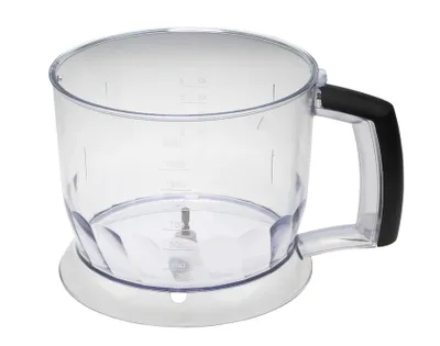 A clear, studio shot of a transparent blender attachment with a black handle against a white background.