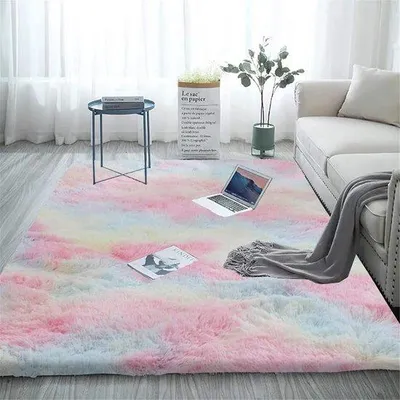 Produktbild von Unyqoos® Shaggy-Teppich 120 x 160 cm – ultraweicher Plüsch-Teppich für Schlafzimmer & Wohnzimmer, bunte Batik Regenbogen, Anti-Rutsch, mittlere Schaumstoff-Lage, maschinenwaschbar