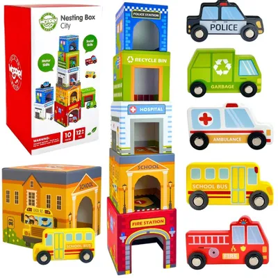 Zdjęcie produktu dla Woopie Green – kostki-puzzle „Pojazdy miejskie w pudełkach” + figurki, 10 szt.