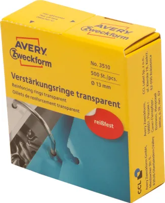 A yellow box packaging for Avery Zweckform reinforcing rings.