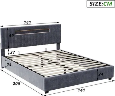 Obrázek produktu pro Postel s úložným prostorem, rozměry 140x200 cm - Čalouněná dvoulůžko s LED osvětlením a roštovou základnou - Šedá barva