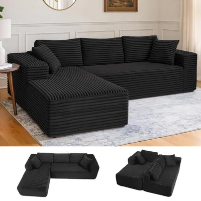 Zdjęcie produktu dla COMHOMASofa Duża sofa, sofa w kształcie litery L, sofa narożna, szezlong z głębokim siedziskiem i szerokimi podłokietnikami, tkanina sztruksowa, czarna-R