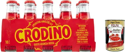 Produktbild von Crodino arancia rossa, Crodino rot orange 10x 100 ml Aperitif bitter, Italienischer nicht -alkoholischer Aperitif bereit zu trinken + Italian Gourmet polpa 400g