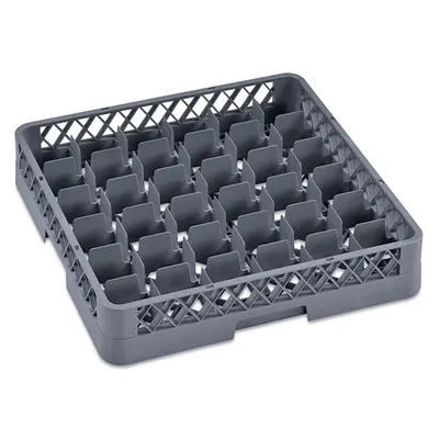 A gray plastic dishwasher rack with 36 compartments.